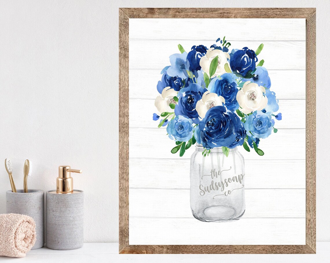 Navy Blue Roses Bouquet In Mason Jar Sudsy Soap Co Floral Poster