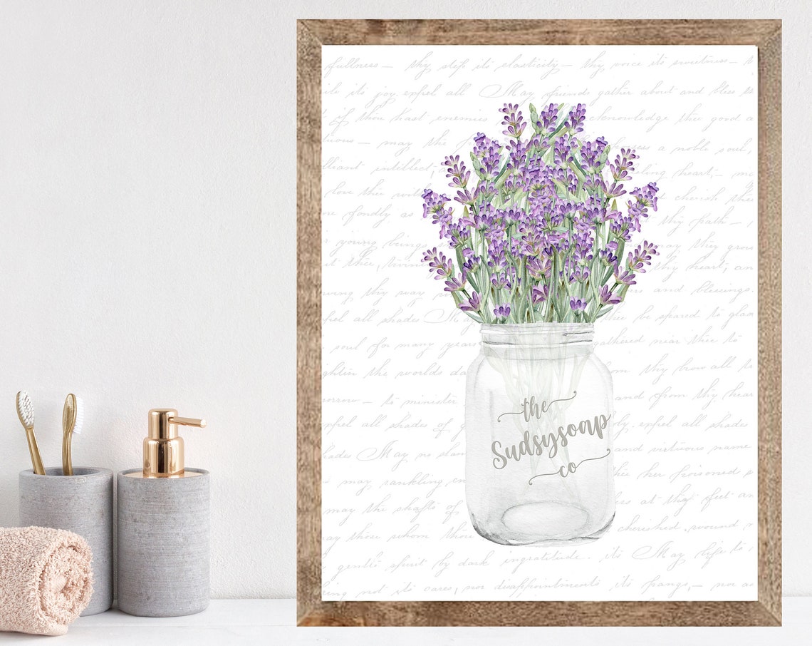 Lavender Sprigs In Sudsy Soap Co Mason Jar On Script Paper Poster