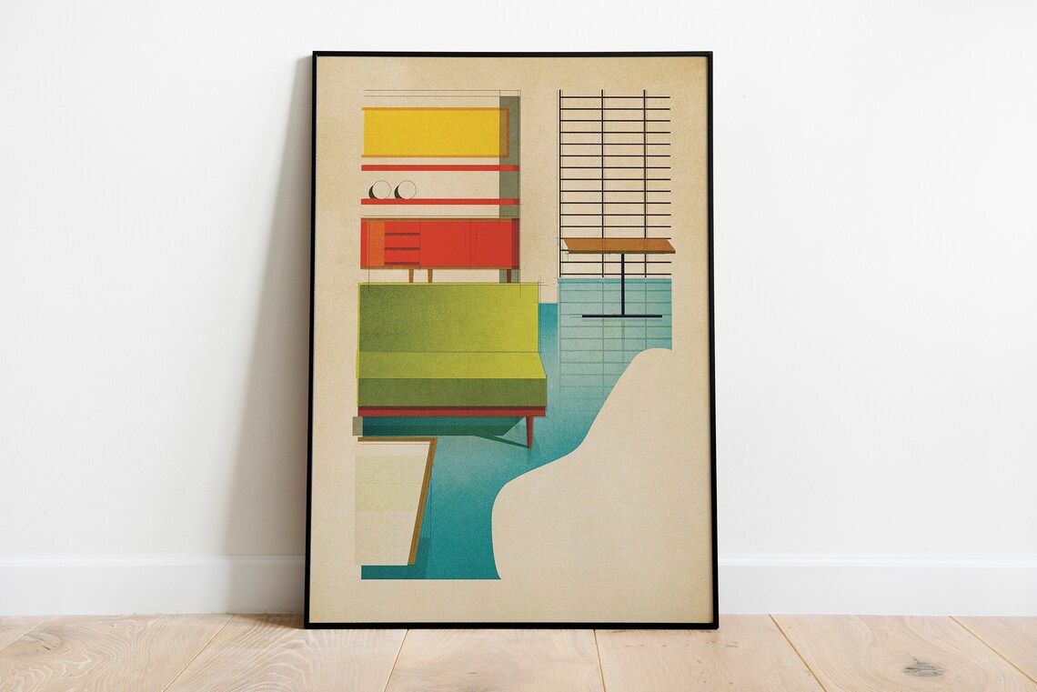Abstract Modernist Living Room Green Sofa Geometric Interior Design Poster - Image 3