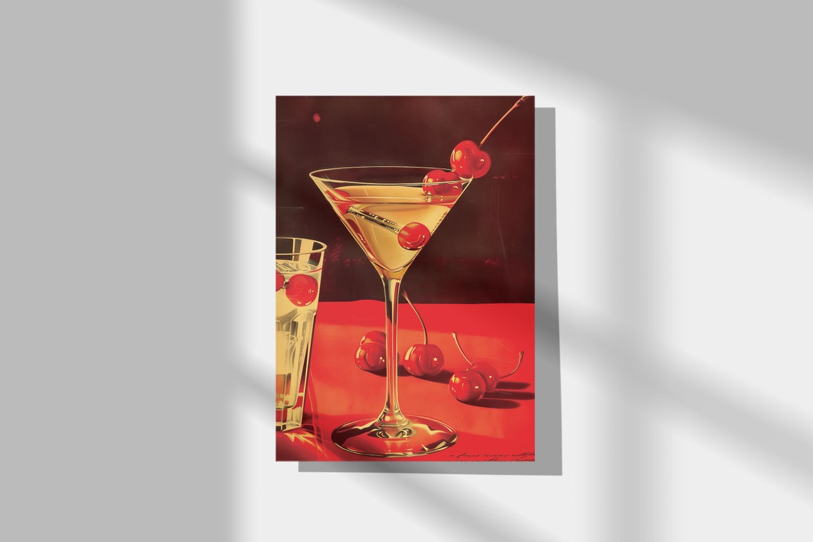 Retro Martini Cocktail With Cherries Vintage Red Bar Art Print - Image 3