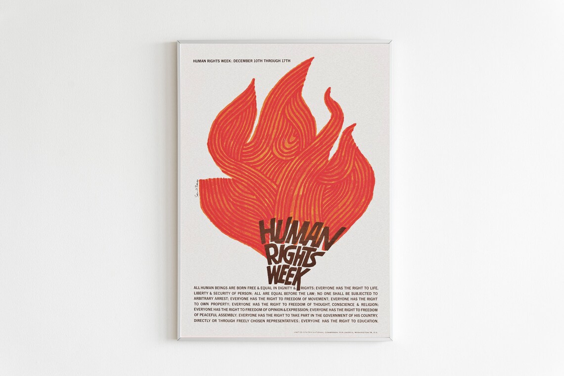 Saul Bass Human Rights Week Flame Hand Vintage Protest Art Poster