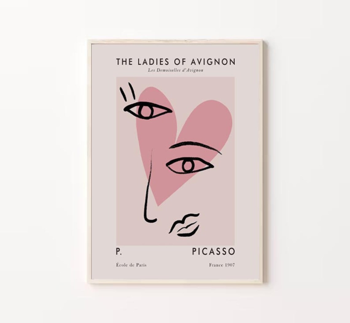 Picasso Ladies of Avignon Pink Heart Face Line Art Exhibition Poster