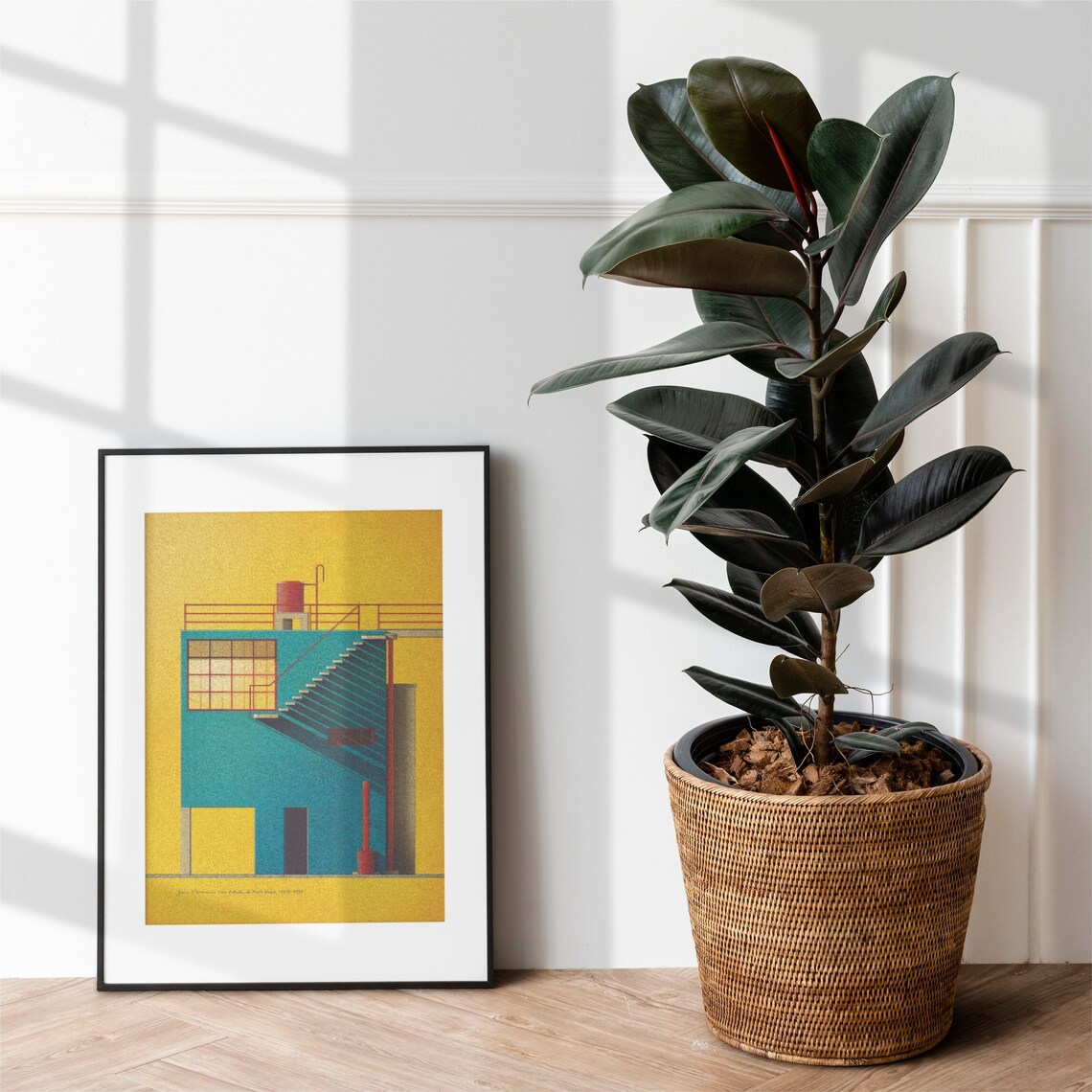 Teal And Yellow Geometric House With Staircase Architecture Poster - Image 3