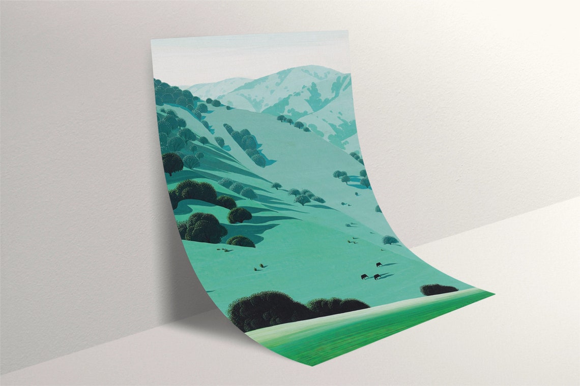 Green Hills With Grazing Cattle Vintage Style Landscape Art Poster - Image 2