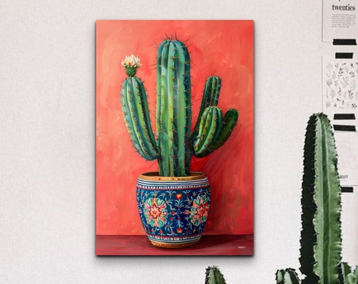 Potted Cactus Oil Painting Decorative Pot Coral Background Wall Art