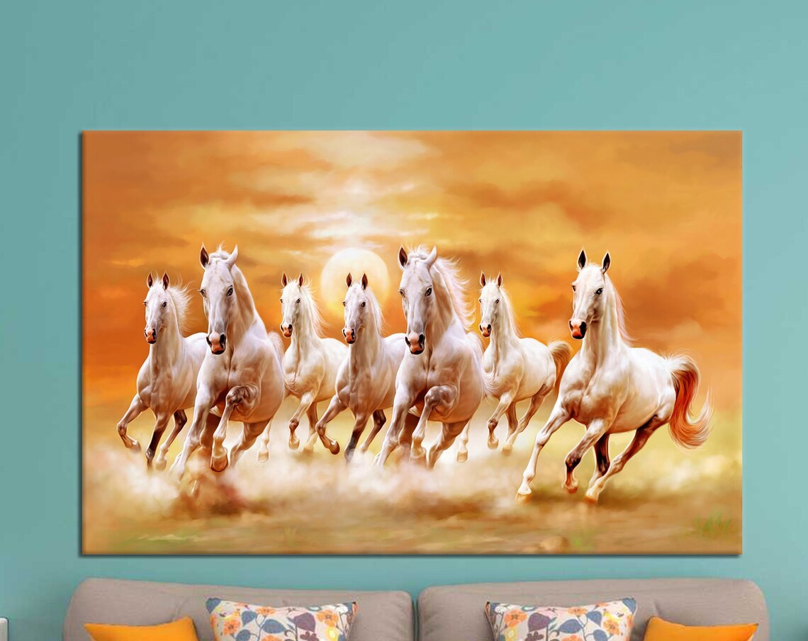 Seven Running White Horses at Sunset Golden Orange Sky Poster