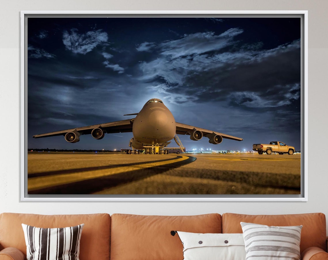 C-5 Galaxy Military Cargo Plane Night Runway Aviation Wall Art