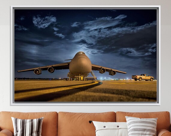 C-5 Galaxy Military Cargo Plane Night Runway Aviation Wall Art