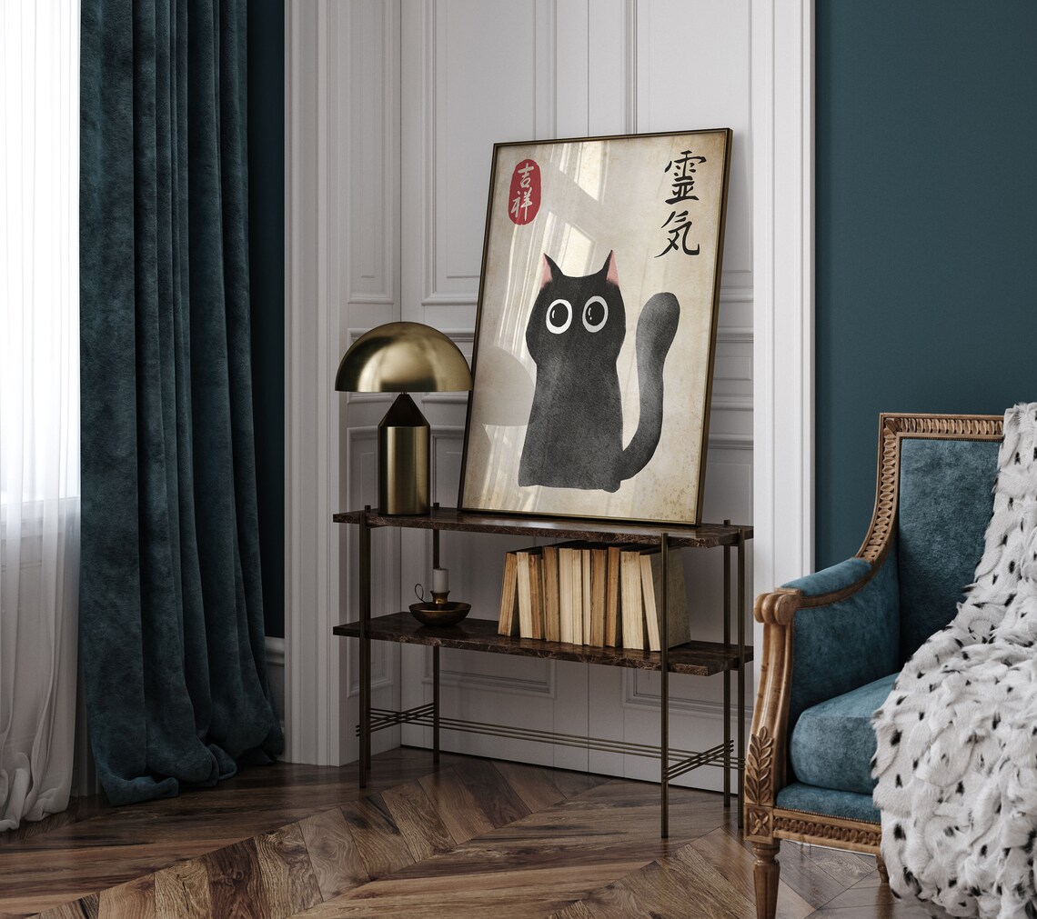 Japanese Cat Poster, Vintage Woodblock Art Print