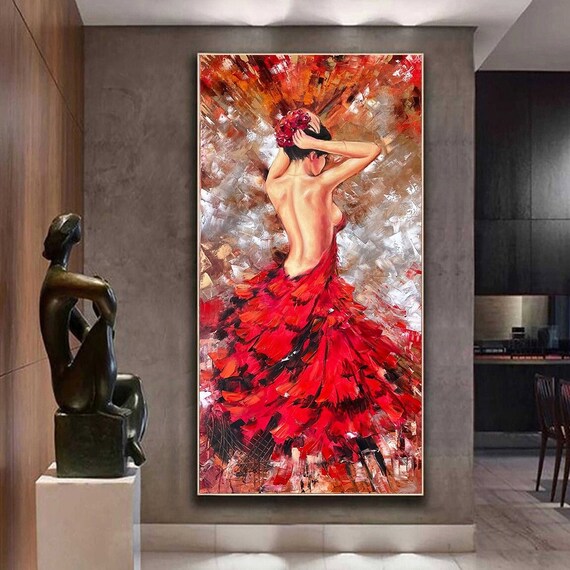 Flamenco Dancer Red Dress Back View Impasto Oil Painting Passionate Art Poster