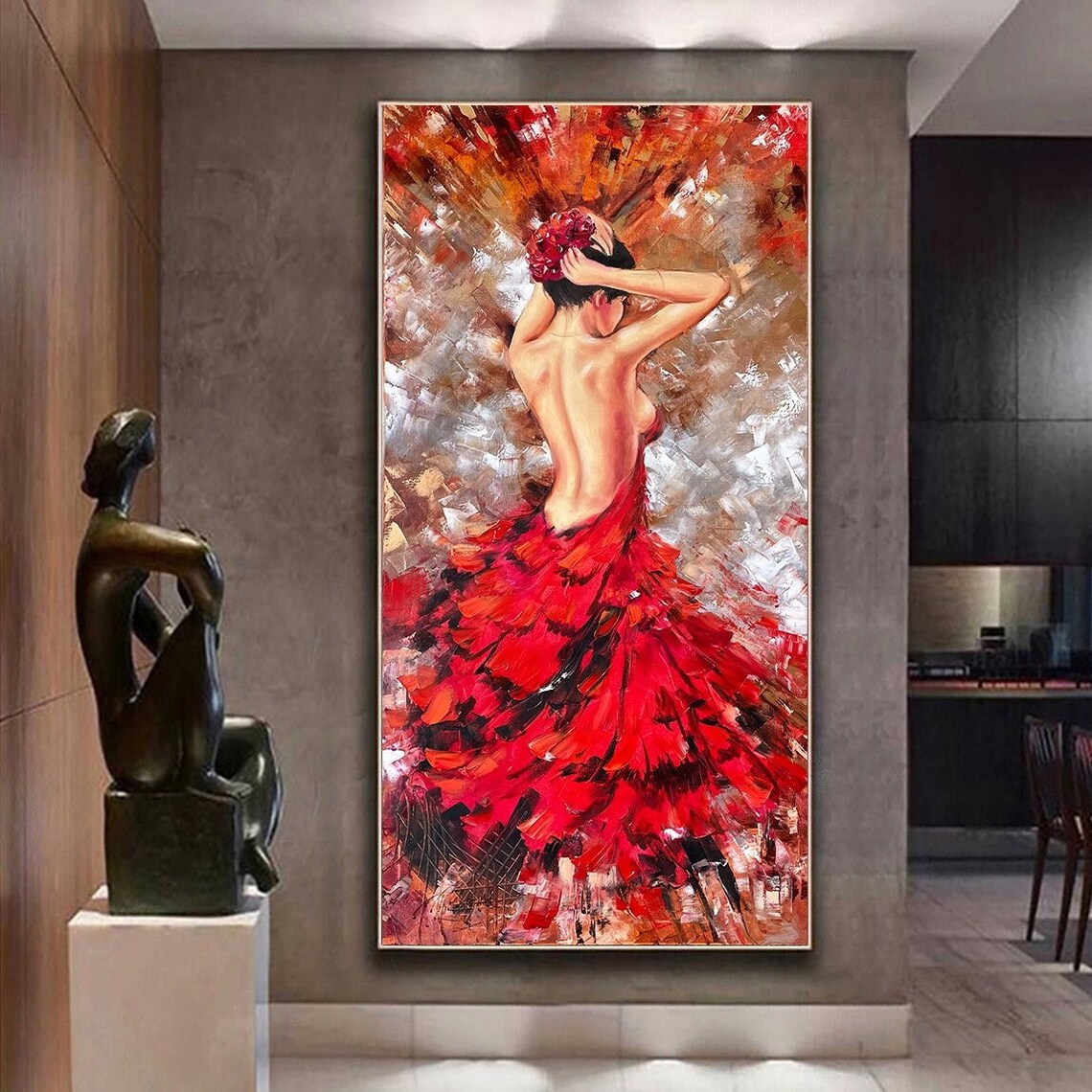 Flamenco Dancer Red Dress Back View Impasto Oil Painting Passionate Art Poster