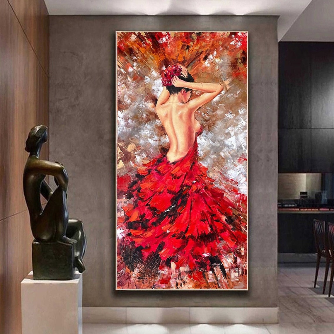 Lady In Red Oil Painting On Back Of Woman Painting Elegant Artwork Figurative Painting Abstract Woman Wall Art 18x36 Tall Wall Decor