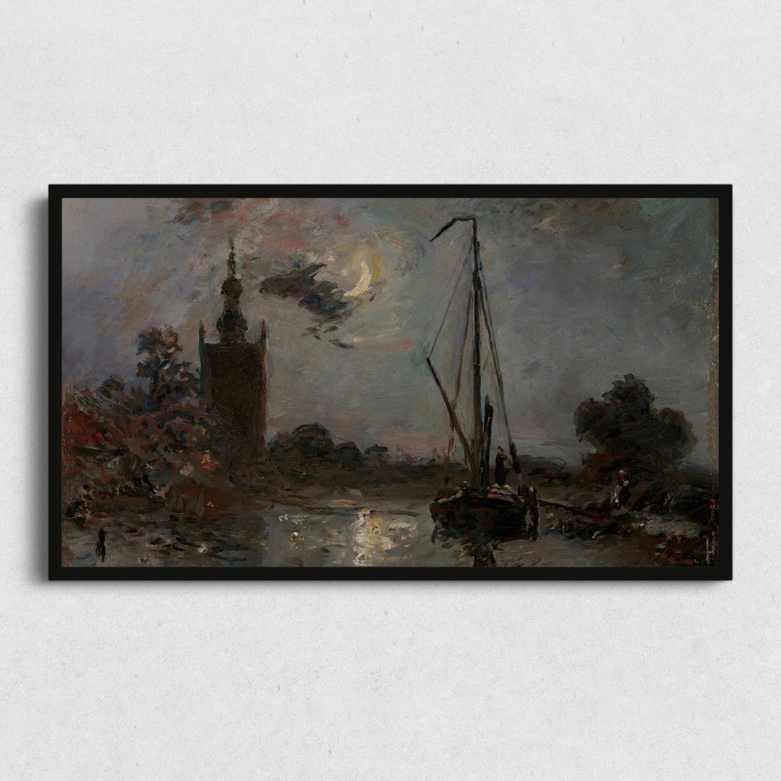 Crescent Moon Harbor Church Tower Sailboat Night Water Art Poster