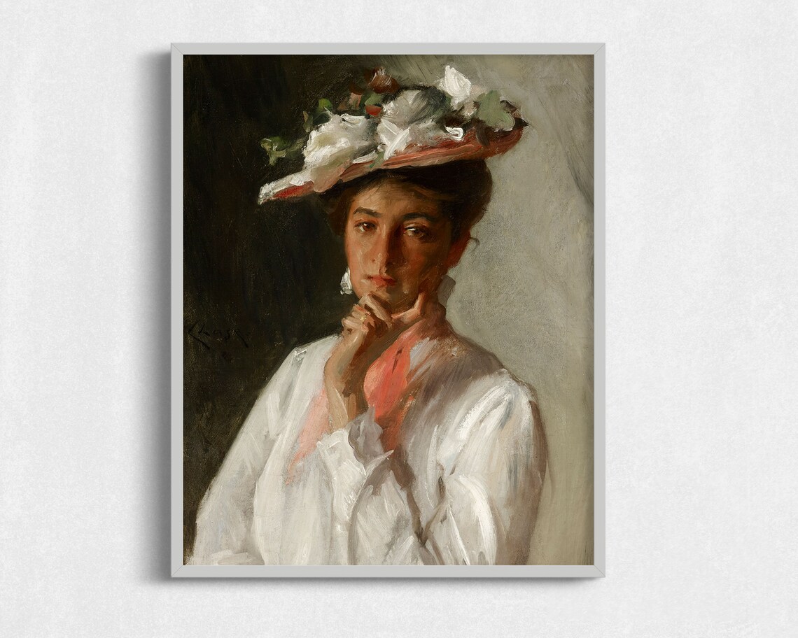 Lady In Floral Hat White Blouse Vintage Portrait Oil Painting Poster