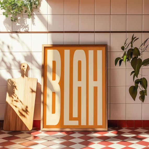 Blah Print Typography Red Wall Art Poster Preppy Decor Retro Bar Cart