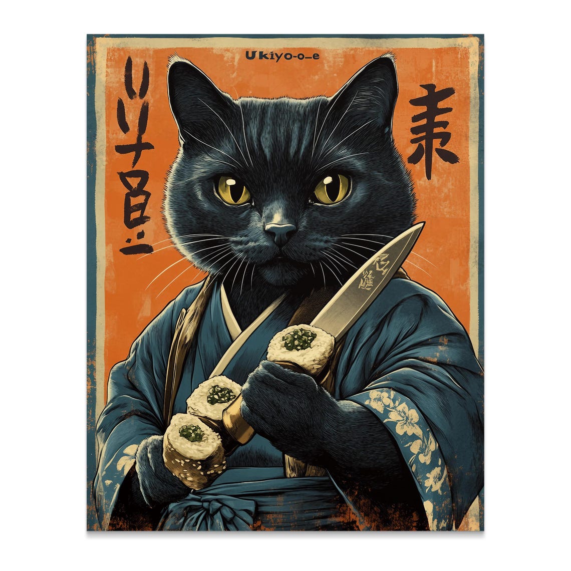 Black Cat Sushi Master Holding Knife In Kimono Ukiyoe Art Poster - Image 2