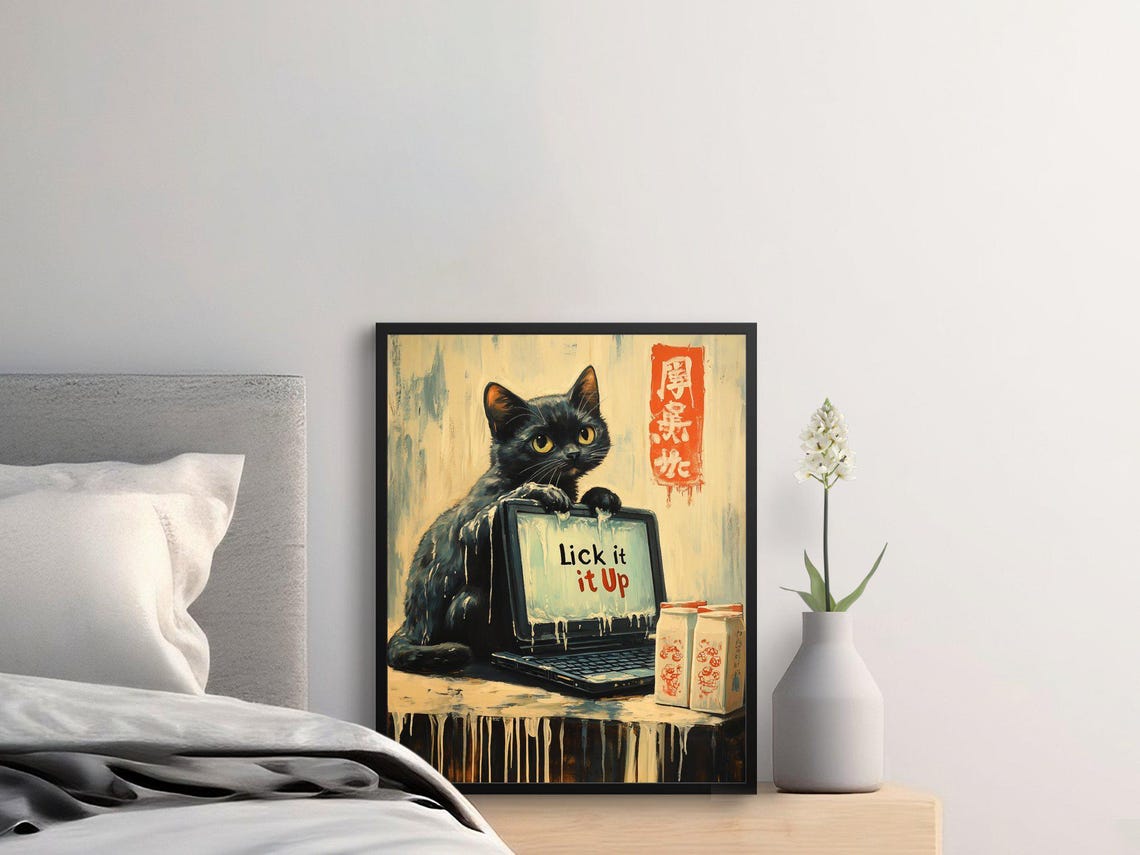 Funny Black Kitten Laptop Lick It Up Retro Japanese Kitchen Art Poster - Image 2
