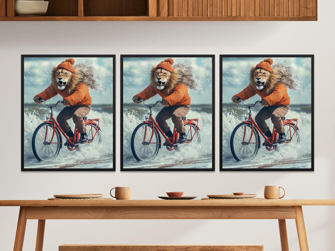 Lion Riding Red Bicycle Funny Winter Sweater Animal Wall Art Poster - Image 2
