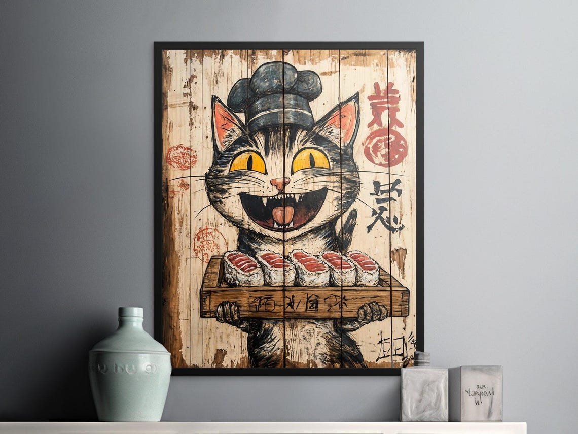 Smiling Tabby Chef Cat Serving Sushi Platter Vintage Art Poster - Image 2