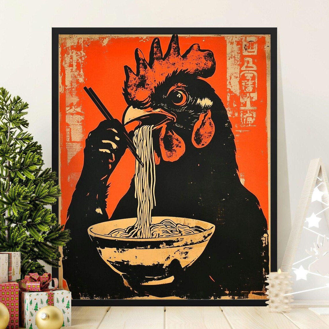 Quirky Black Rooster Eating Noodles Chopsticks Orange Wall Art Poster