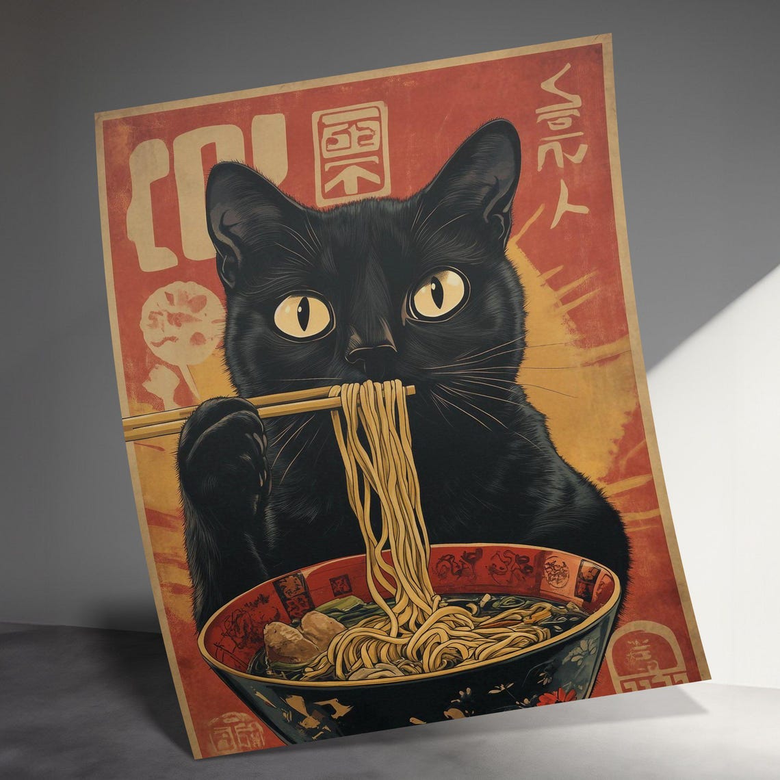 Black Cat Eating Ramen Red Retro Japanese Kitchen Noodle Art Poster - Image 3