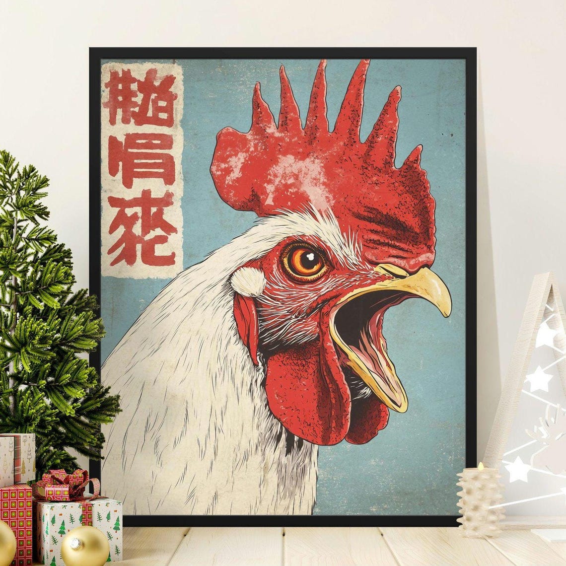 Vibrant Rooster Crowing Head Vintage Japanese Teal Wall Art Poster