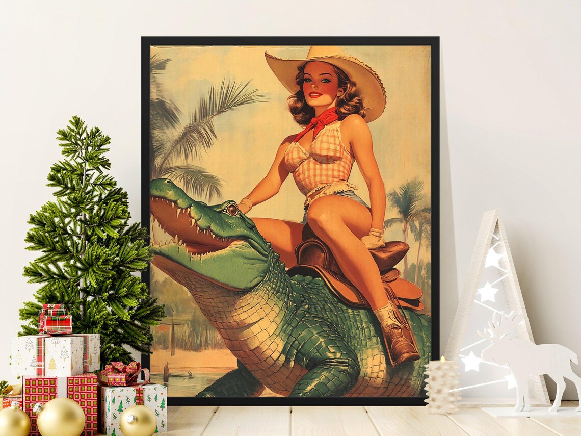 Vintage Pin Up Cowgirl Riding Alligator Palm Trees Sepia Retro Poster