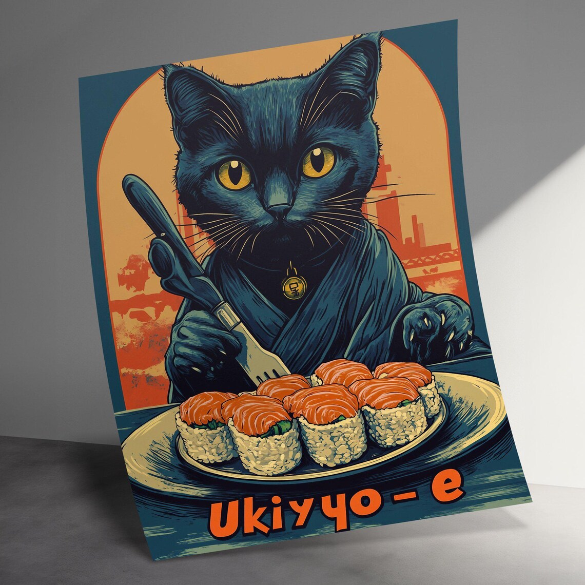 Black Cat Kimono Sushi Chef Ukiyoe Style Salmon Plate Art Poster - Image 3