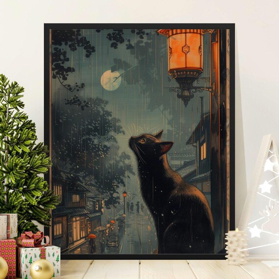 Black Cat In Rainy Japanese Street Moonlight Lantern Scene Poster