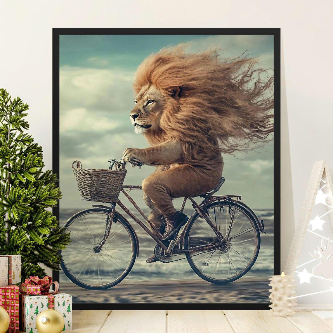 Majestic Lion Riding Bicycle By The Sea Dreamy Surreal Wildlife Poster