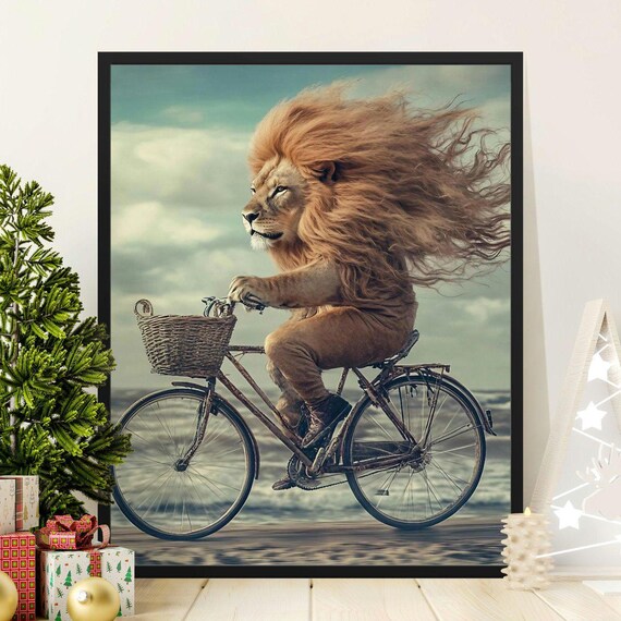 Majestic Lion Riding Bicycle By The Sea Dreamy Surreal Wildlife Poster