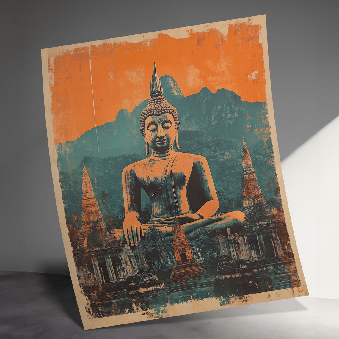 Thai Buddha Statue Temple Sunset Teal Orange Vintage Travel Poster - Image 3