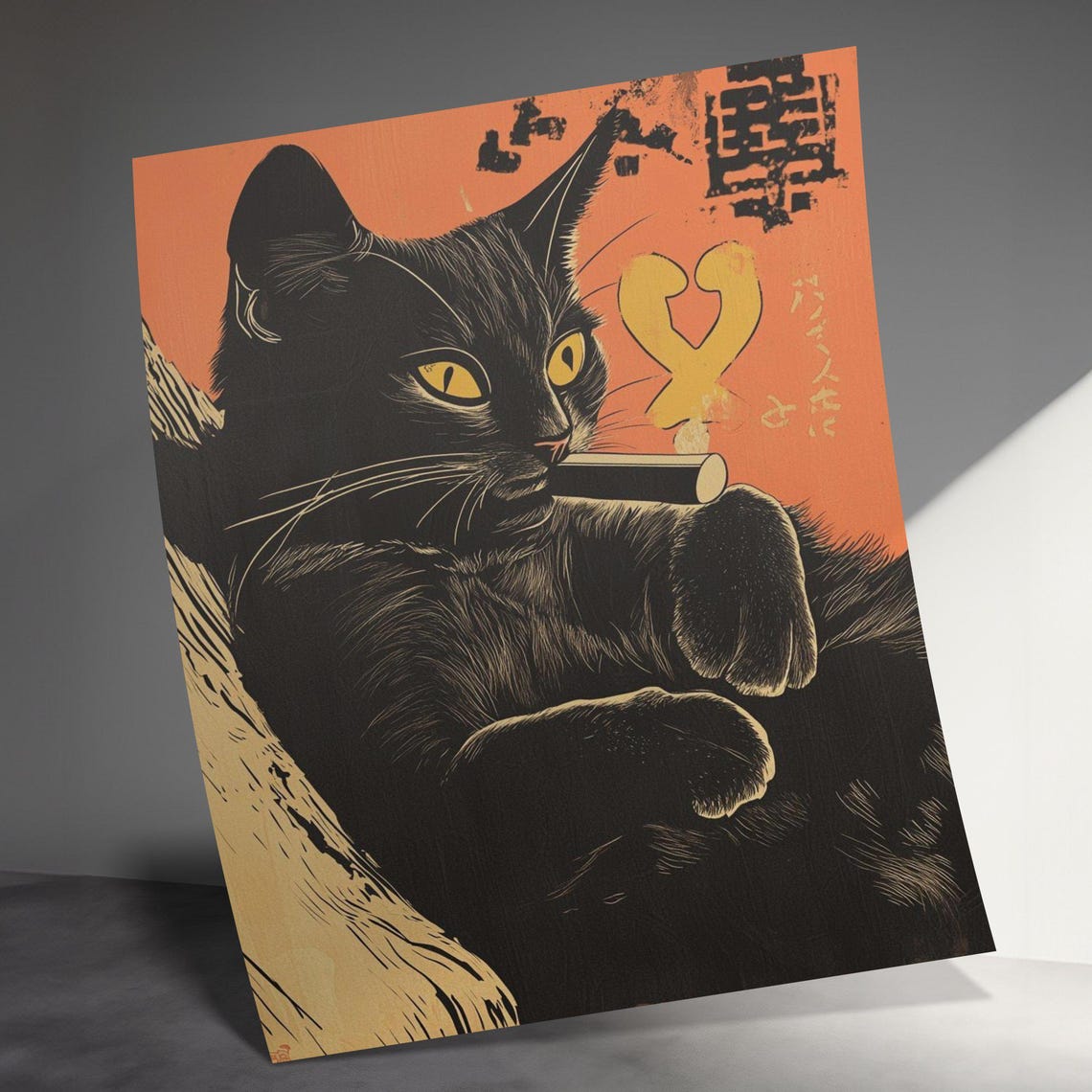 Black Cat Smoking Cigar Retro Japanese Orange Background Poster - Image 3