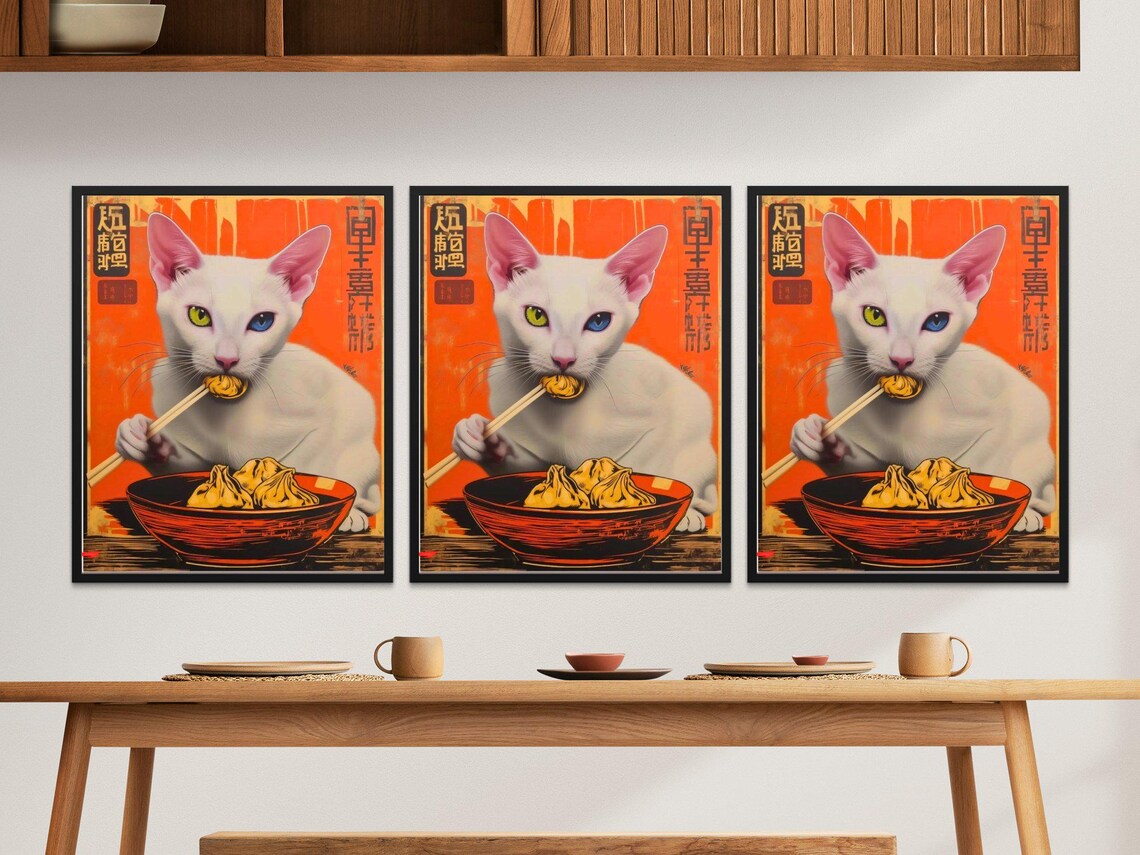 White Cat Eating Dumplings Red Bowl Vintage Japanese Art Poster - Image 3