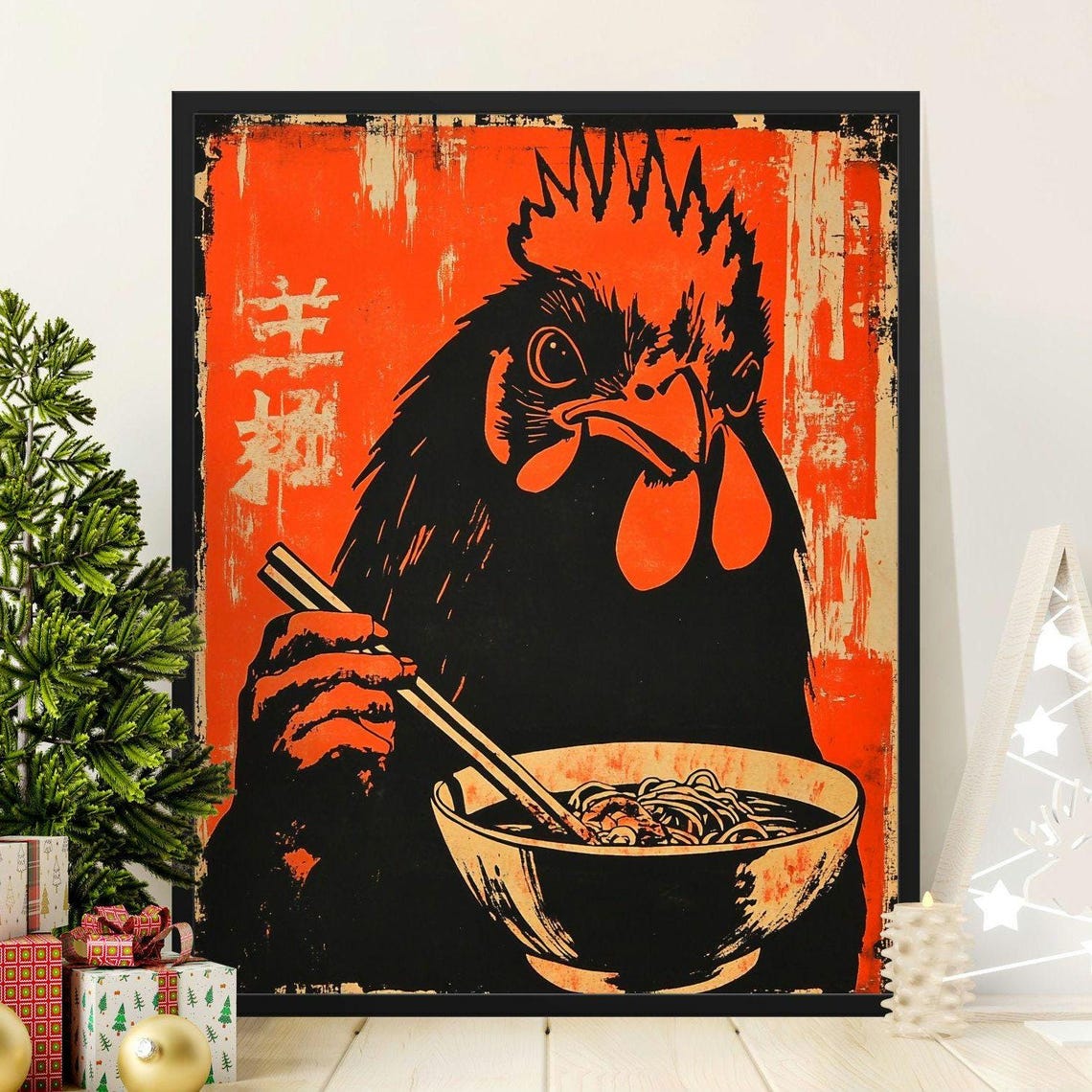 Bold Rooster Eating Ramen Noodles Retro Orange Japanese Art Poster