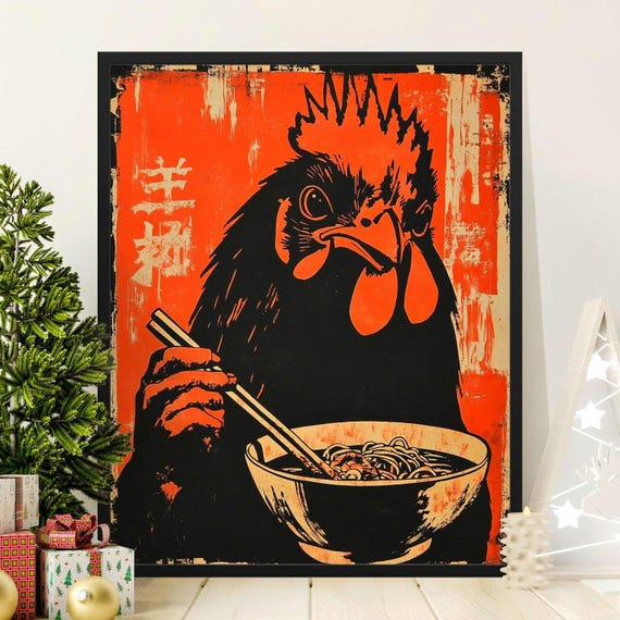 Vintage Ramen Noodles Rooster Poster Asian Inspired Wall Art Retro Chicken Illustration For Kitchen Decor Bold Typography Print