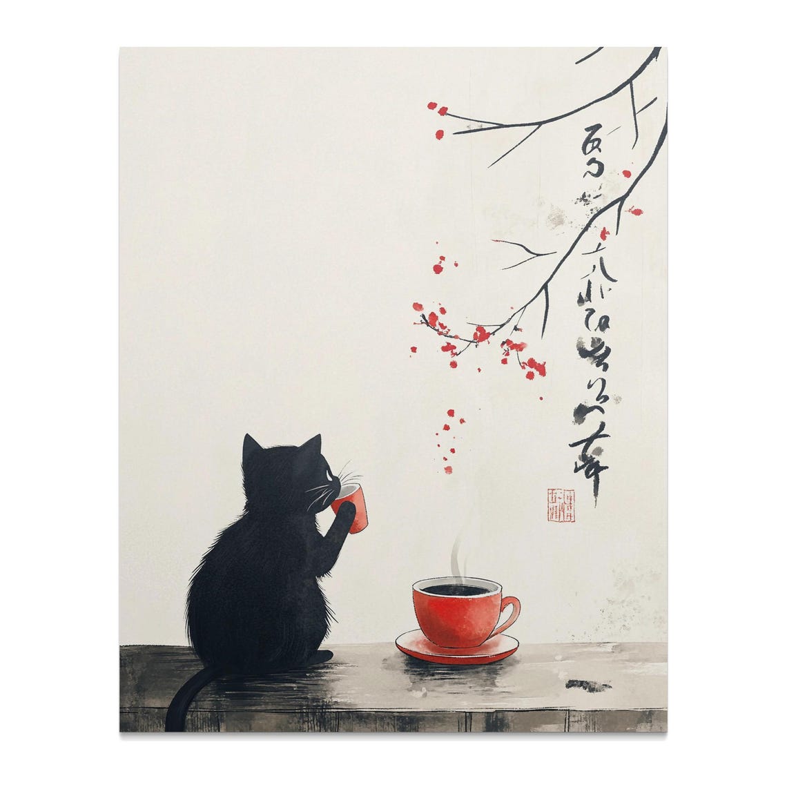 Black Cat With Red Teacup Cherry Blossom Minimalist Ink Art Poster - Image 2