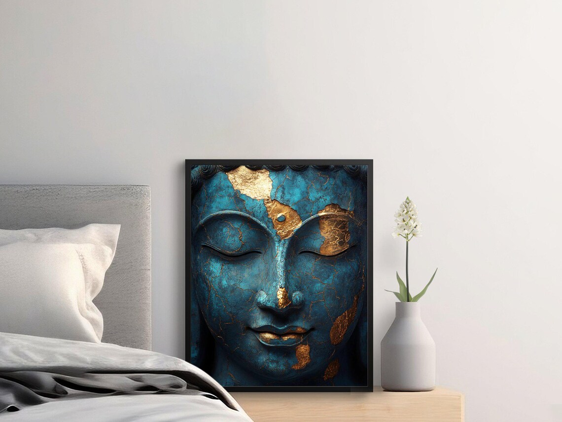 Blue And Gold Buddha Face Kintsugi Cracks Serene Zen Meditation Wall Art - Image 2