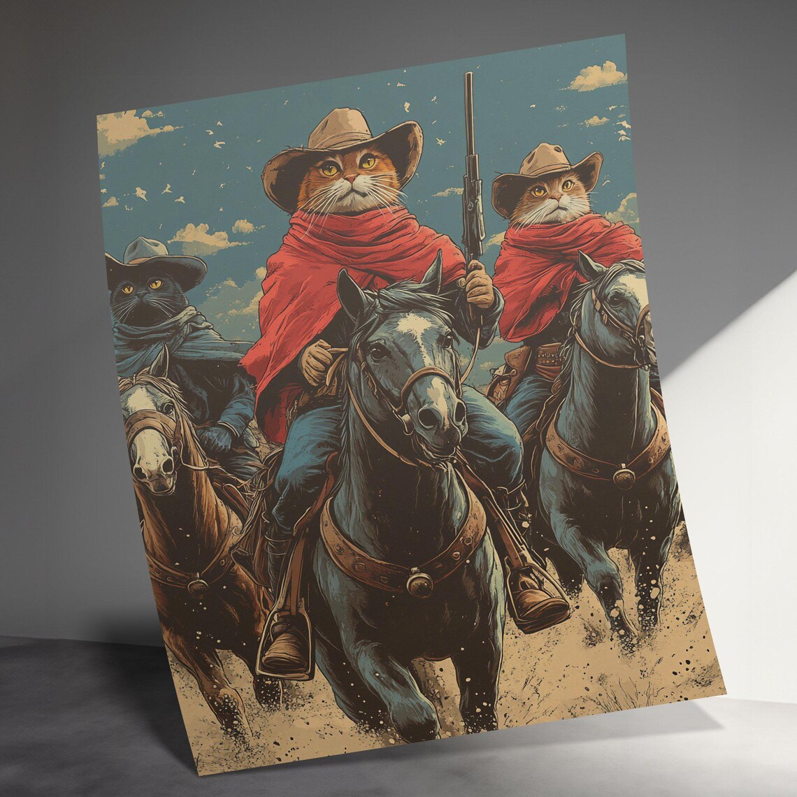Cowboy Cats Riding Horses Vintage Western Movie Style Funny Cat Trio Poster - Image 3