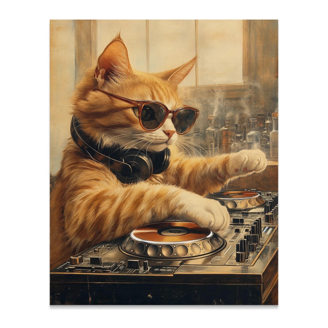 Orange Tabby Cat DJ Wearing Sunglasses Mixing Music Vintage Style Poster - Image 2