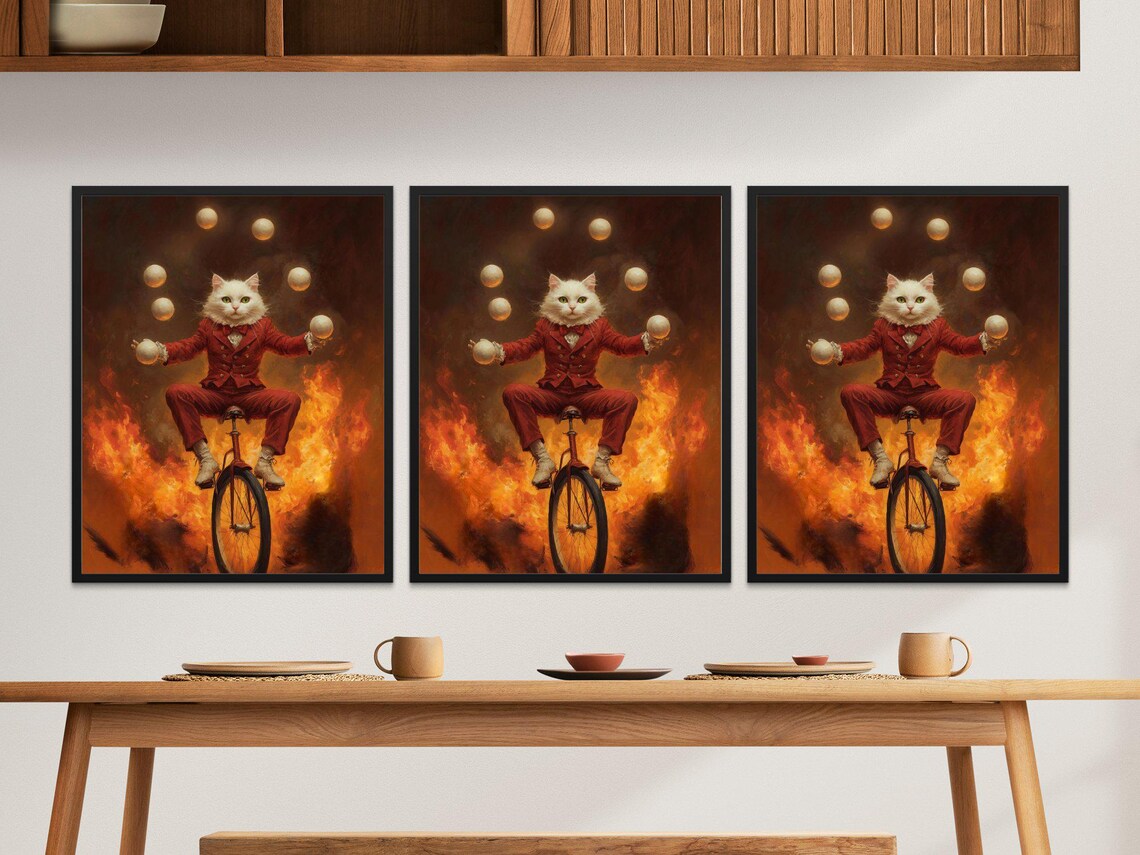 Circus Cat Juggling On Unicycle Surreal Fire Background Whimsical Poster - Image 2