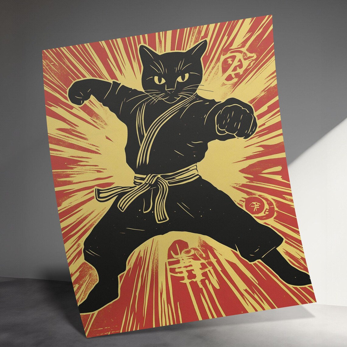 Black Cat Karate Master Striking Punch Red Rising Sun Retro Comic Poster - Image 3