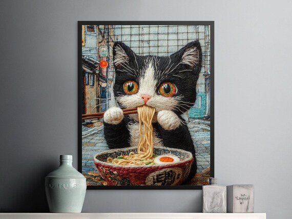 Tuxedo Cat Eating Ramen Embroidery Style Japanese Street Poster