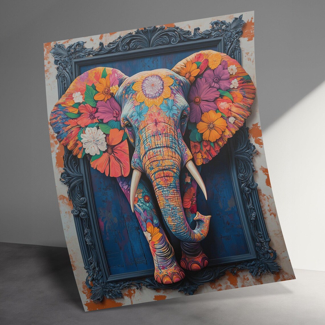 Colorful Floral Elephant Head Blooming Flowers 3D Boho Pop Wall Art Poster - Image 3