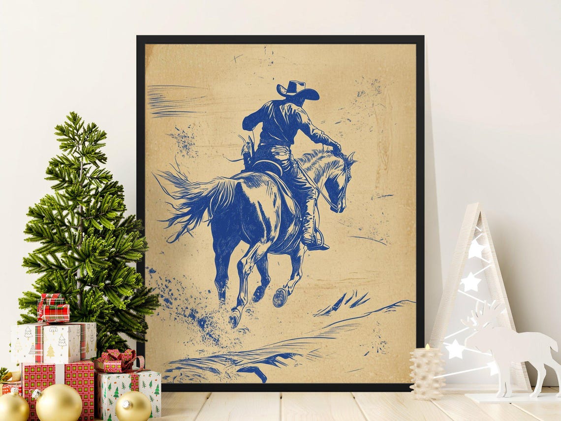 Cowboy Riding Galloping Horse Blue Ink Sketch Western Poster