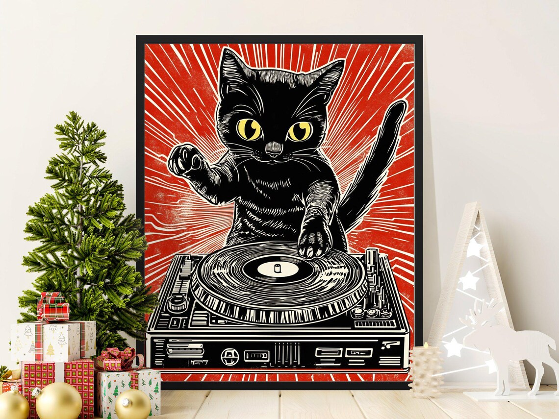 Black Cat DJ Turntable Woodcut Red Retro Vintage Music Cat Lover Poster - Image 2