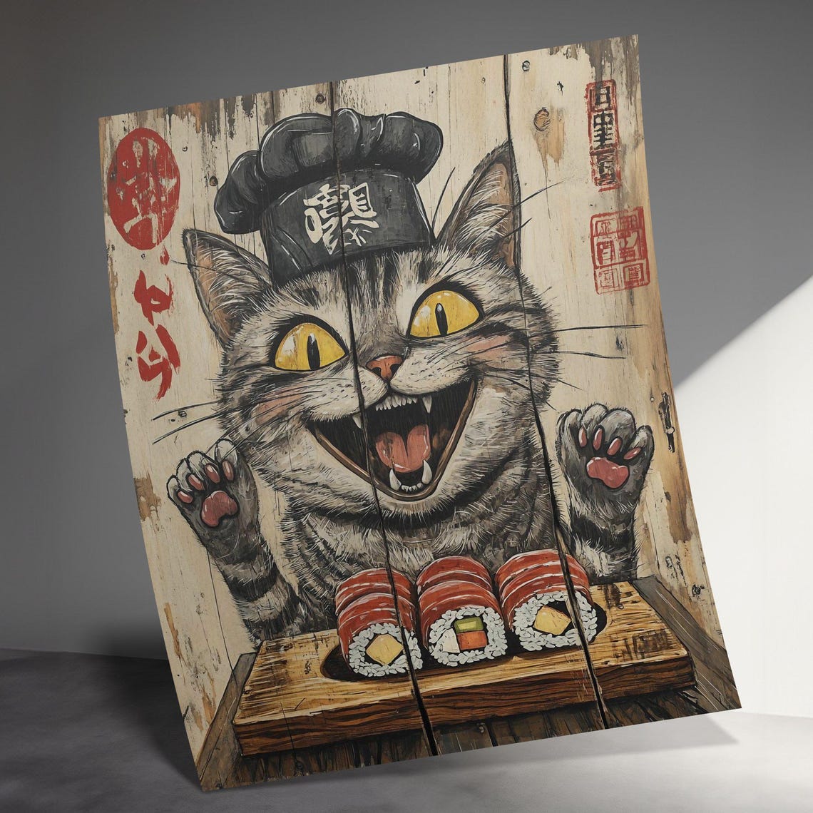 Happy Grinning Tabby Cat Sushi Chef Wooden Plank Vintage Poster - Image 3