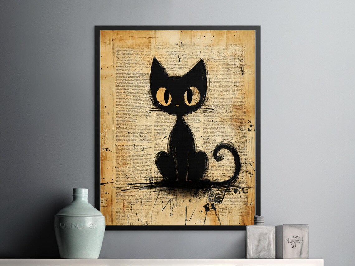 Black Cat Ink Illustration On Vintage Newspaper Rustic Sepia Wall Art Poster - Image 2