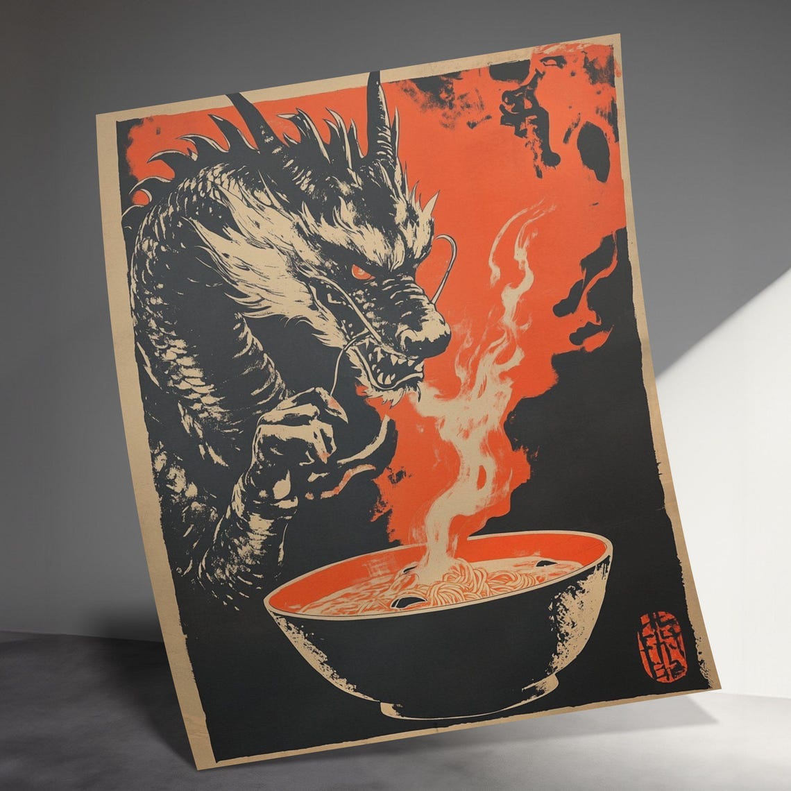 Black Dragon Holding Steaming Ramen Bowl Japanese Fire Art Poster - Image 3