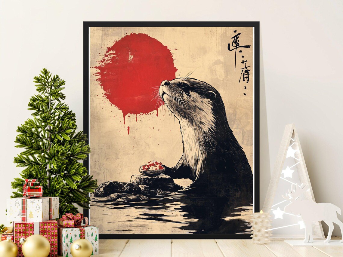 Vintage Otter Red Sun Japanese Ink Wildlife Illustration Nature Art Poster